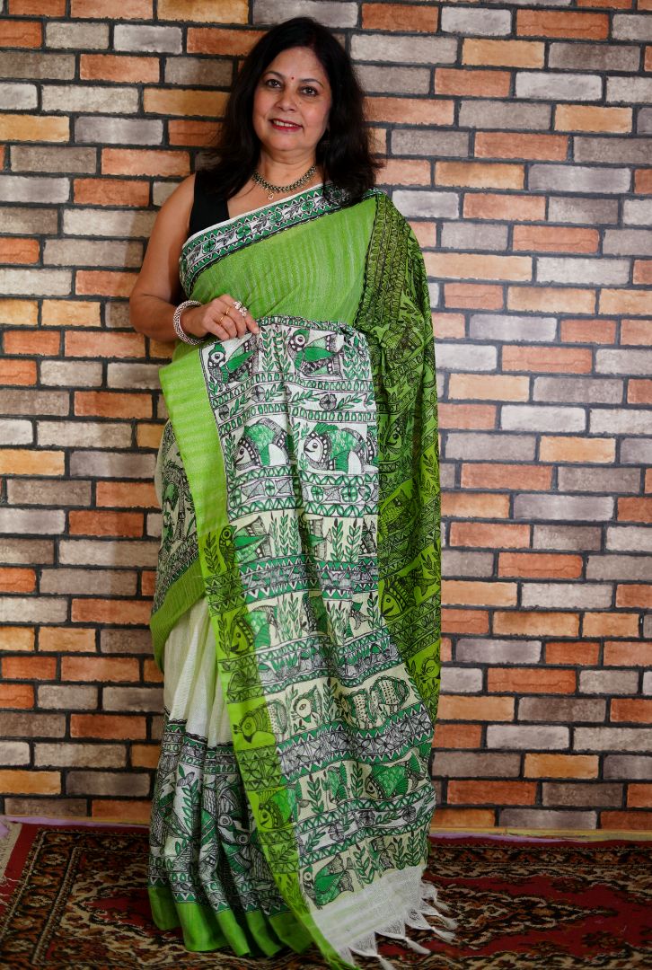 KUDRAT: Handpainted Madhubani Art Green and White Cotton Saree