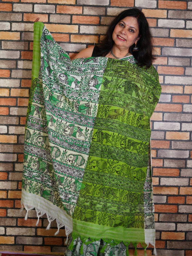 KUDRAT: Handpainted Madhubani Art Green and White Cotton Saree