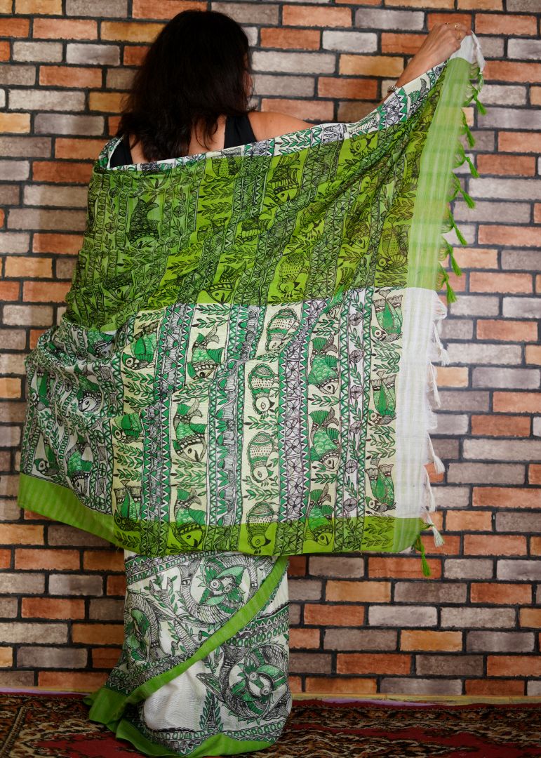 KUDRAT: Handpainted Madhubani Art Green and White Cotton Saree