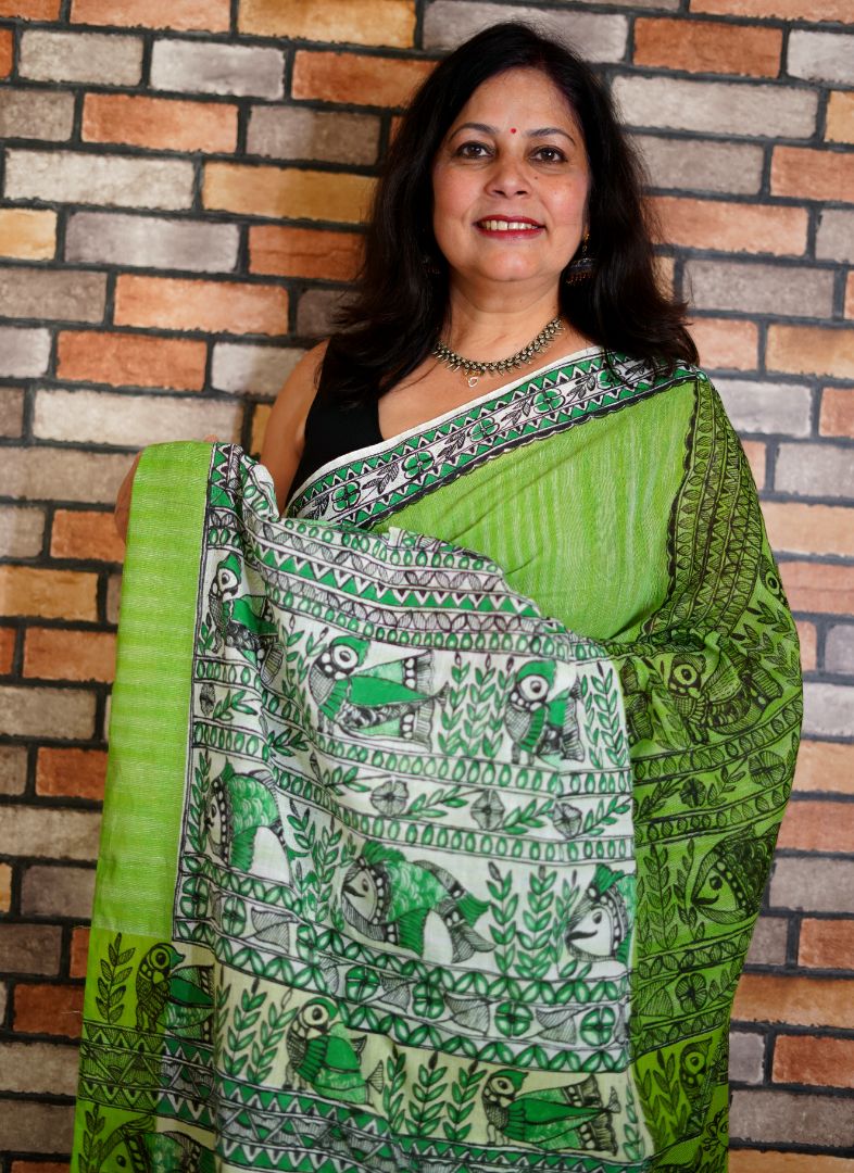 KUDRAT: Handpainted Madhubani Art Green and White Cotton Saree