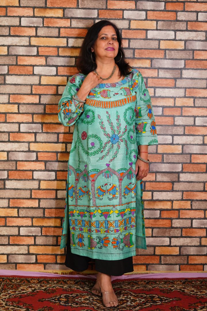 Pure tussar silk kurta with handpainted madhubani art full work on entire body