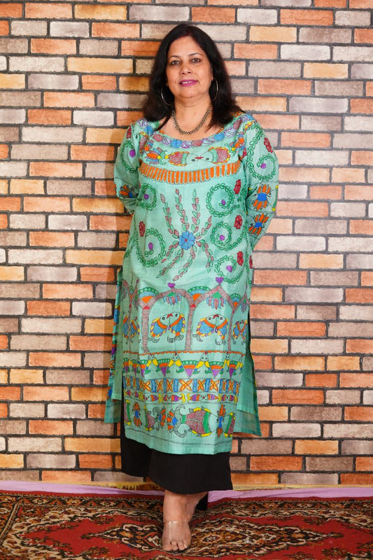 Pure tussar silk kurta with handpainted madhubani art full work on entire body