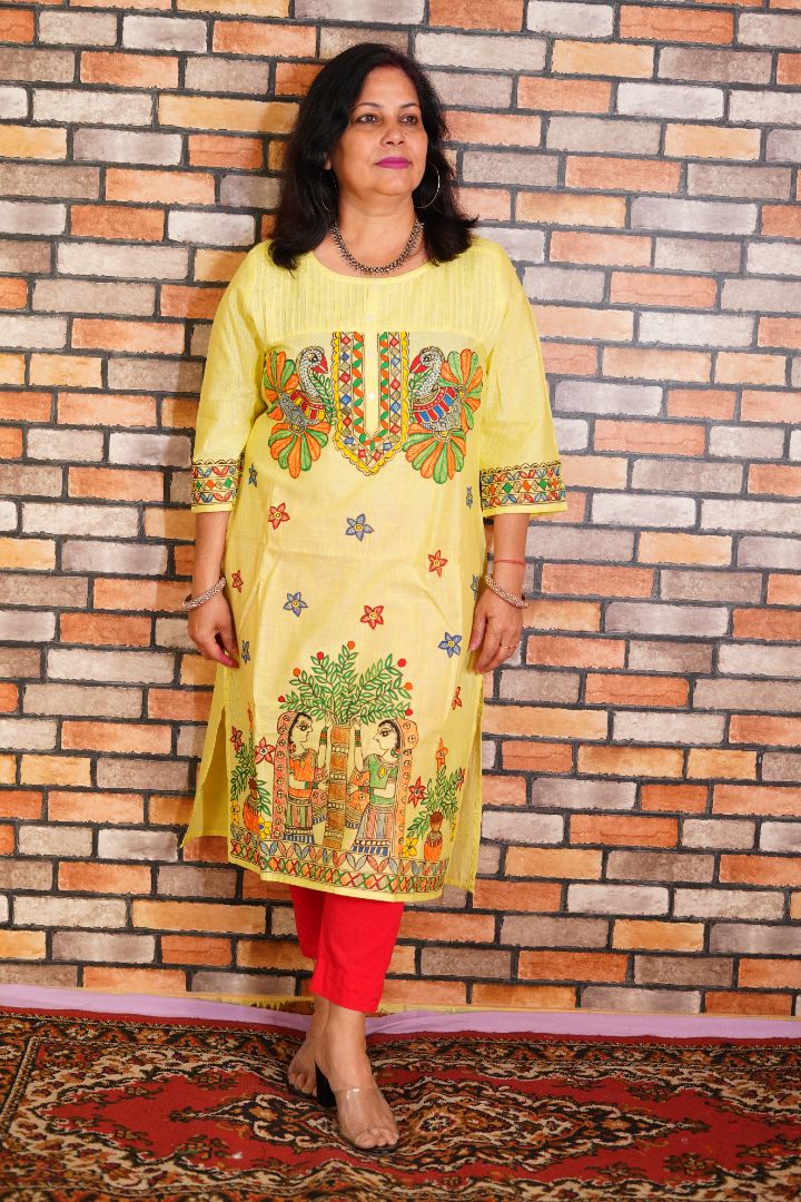 Madhubani art motifs handpainted on yellow cotton kurta