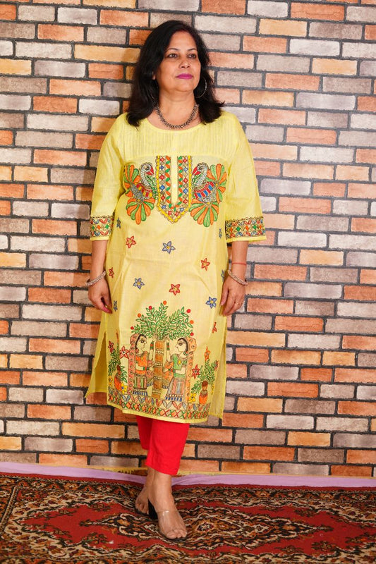 Madhubani art motifs handpainted on yellow cotton kurta