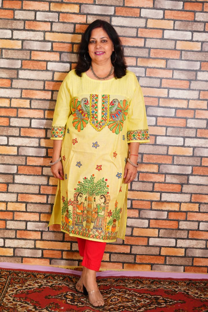 Madhubani art motifs handpainted on yellow cotton kurta