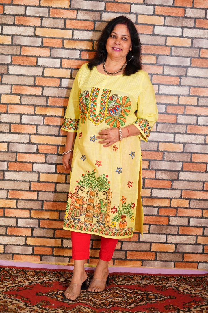 Madhubani art motifs handpainted on yellow cotton kurta