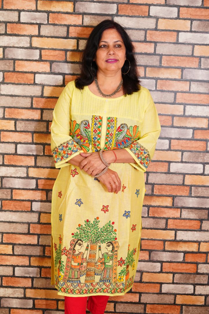 Madhubani art motifs handpainted on yellow cotton kurta