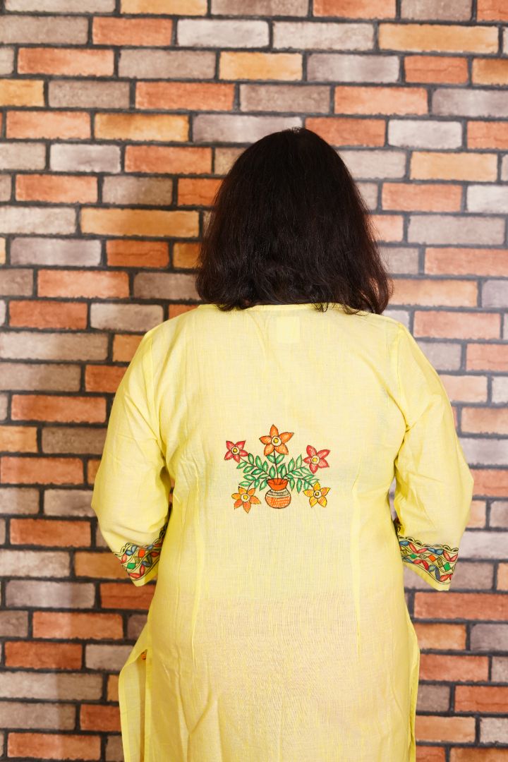 Madhubani art motifs handpainted on yellow cotton kurta