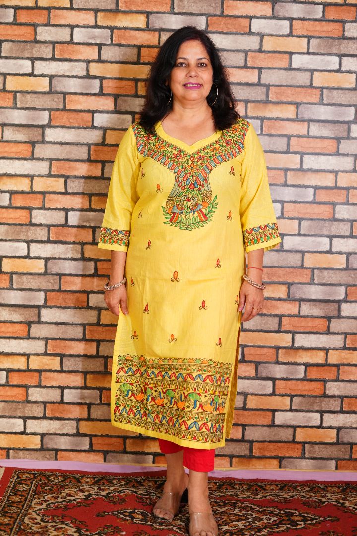 Handpainted madhubani art bird and fish motifs on yellow cotton kurta