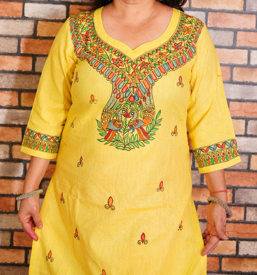 Handpainted madhubani art bird and fish motifs on yellow cotton kurta