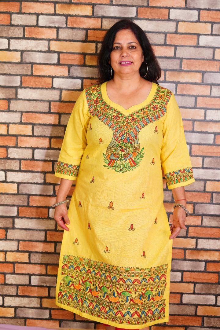 Handpainted madhubani art bird and fish motifs on yellow cotton kurta