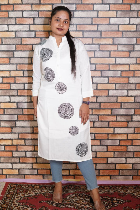 Manadala art motifs handpainted on white cotton kurta