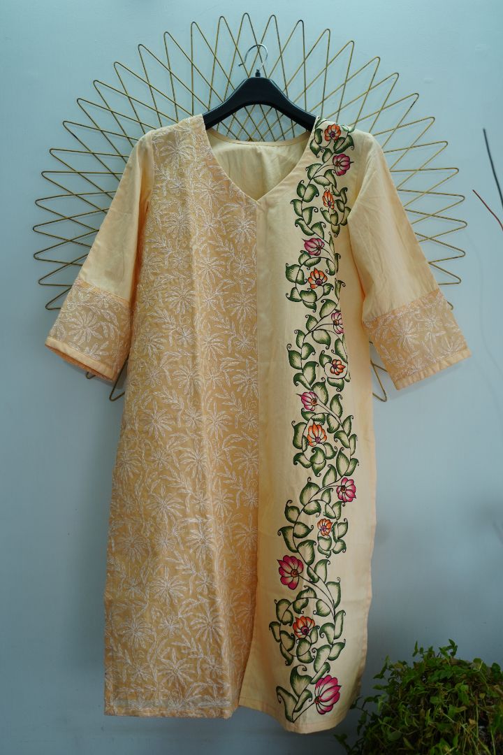 Kalamkari art handpainted on creamish yellow chikankari cotton fusion kurta