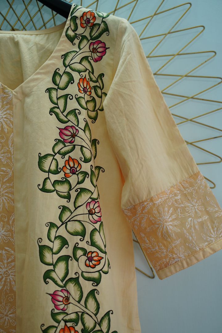 Kalamkari art handpainted on creamish yellow chikankari cotton fusion kurta