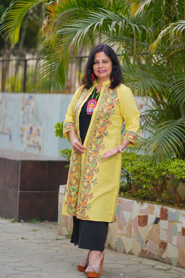 MAACH: Handpainted madhubani art fish motifs on yellow cotton shrug