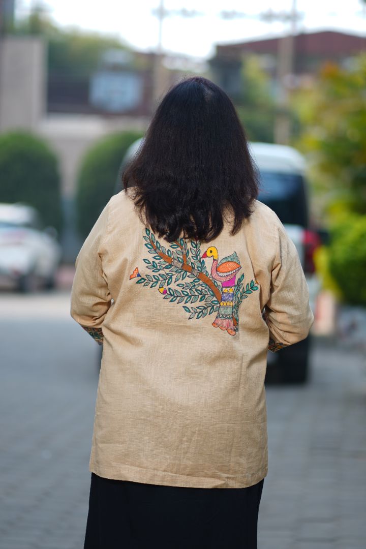 Full work handpainted madhubani art bird and female motifs on front and back on beige cotton trench coat