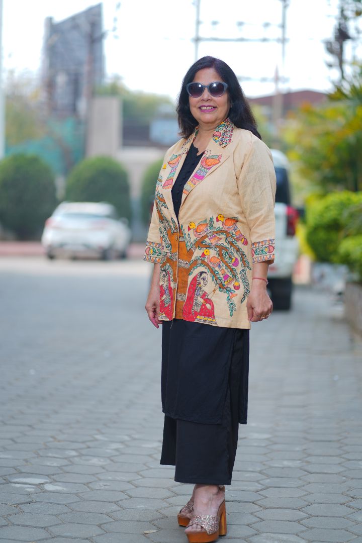 Full work handpainted madhubani art bird and female motifs on front and back on beige cotton trench coat