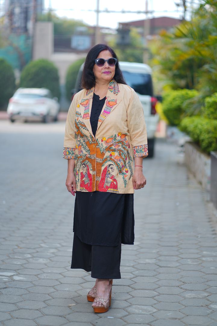 Full work handpainted madhubani art bird and female motifs on front and back on beige cotton trench coat