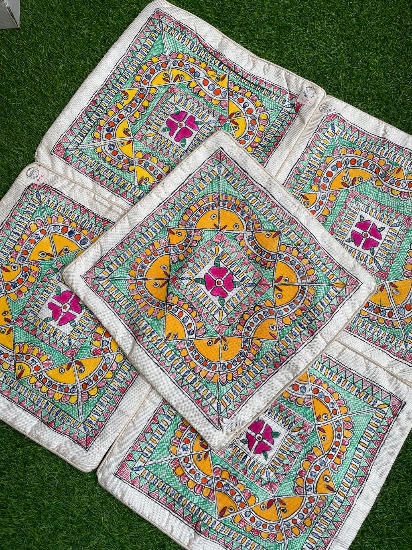 Set of 5: Handpainted madhubani art fish and flower motifs on art silk cushion cover