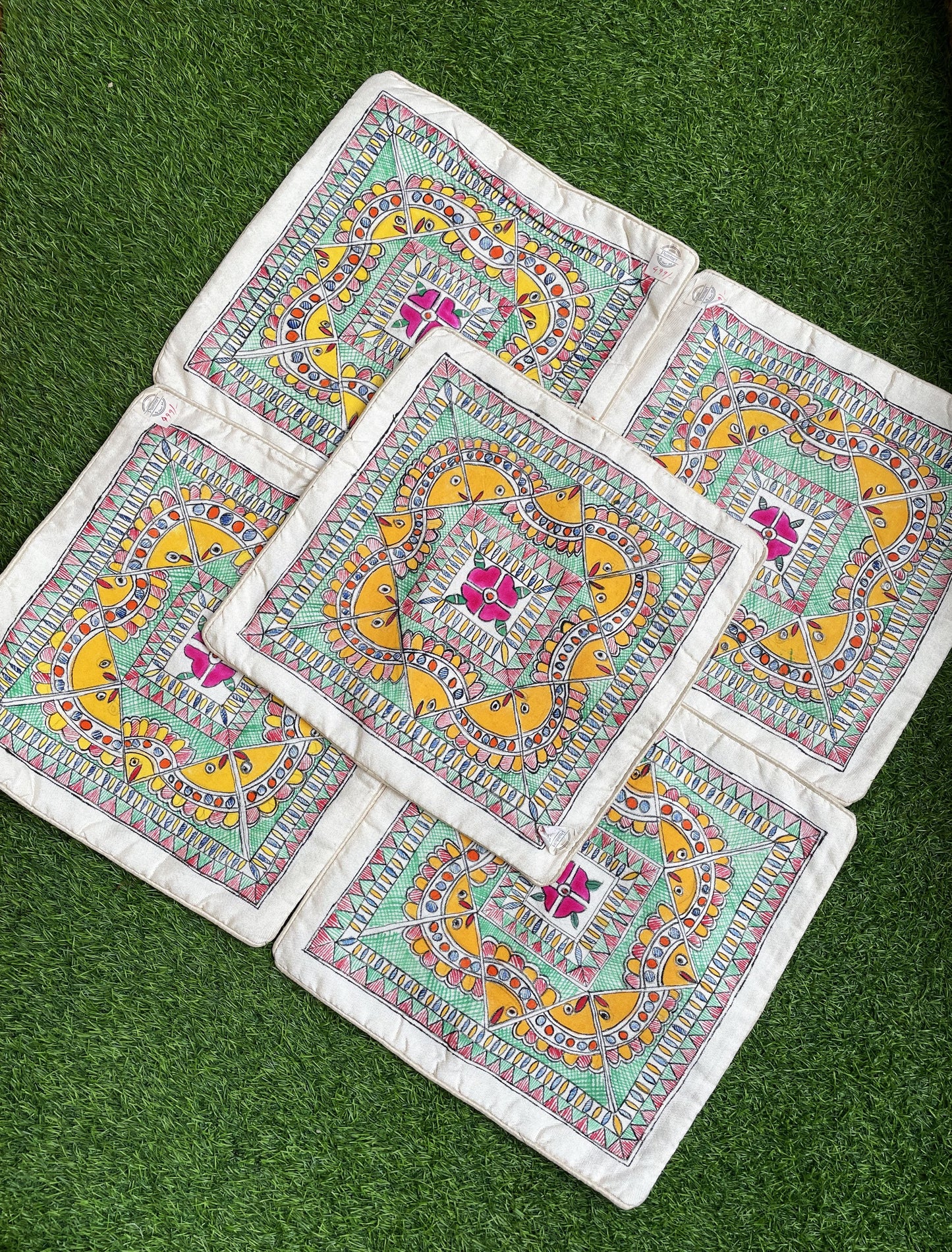 Set of 5: Handpainted madhubani art fish and flower motifs on art silk cushion cover