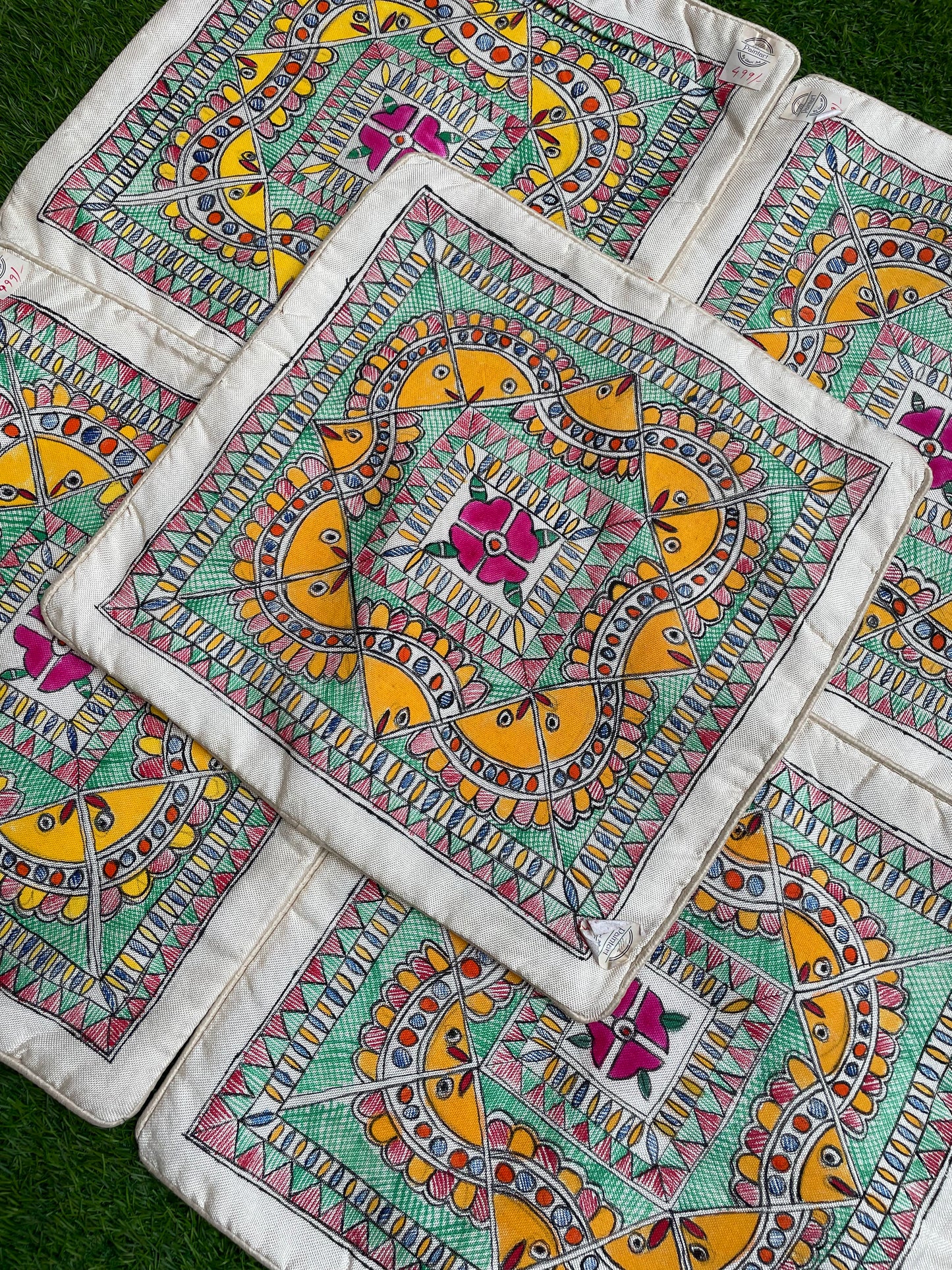 Set of 5: Handpainted madhubani art fish and flower motifs on art silk cushion cover