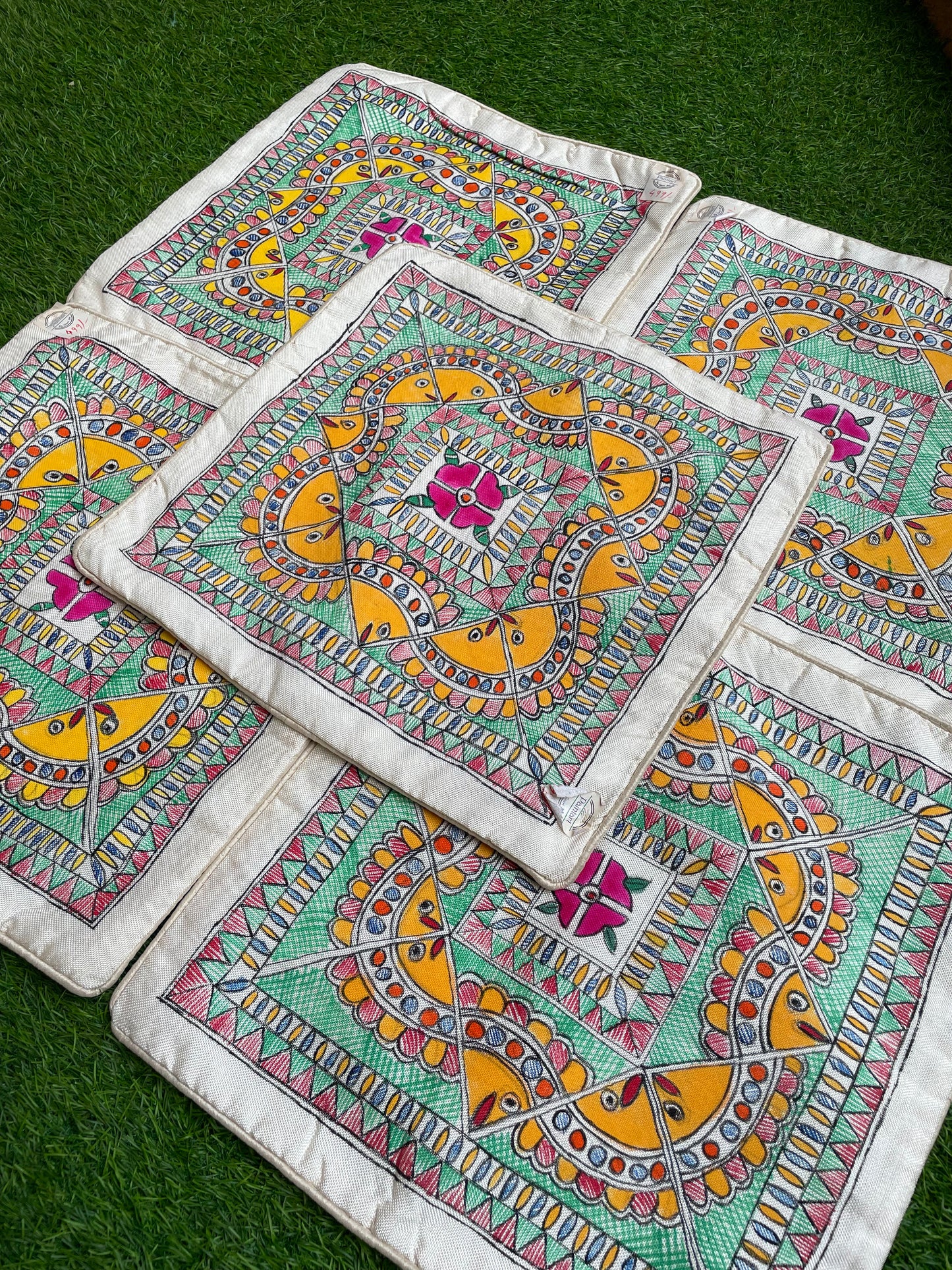 Set of 5: Handpainted madhubani art fish and flower motifs on art silk cushion cover