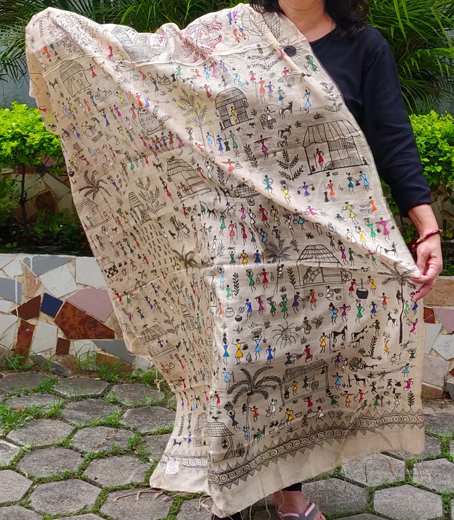 All over handpainted colorful warli art on pure silk beige dupatta