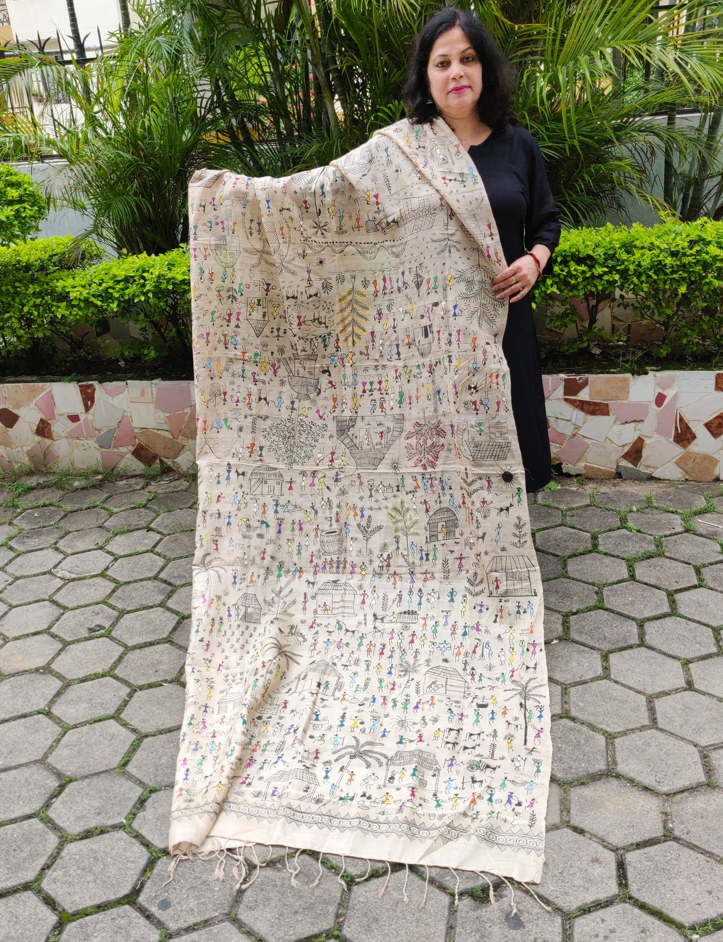 All over handpainted colorful warli art on pure silk beige dupatta