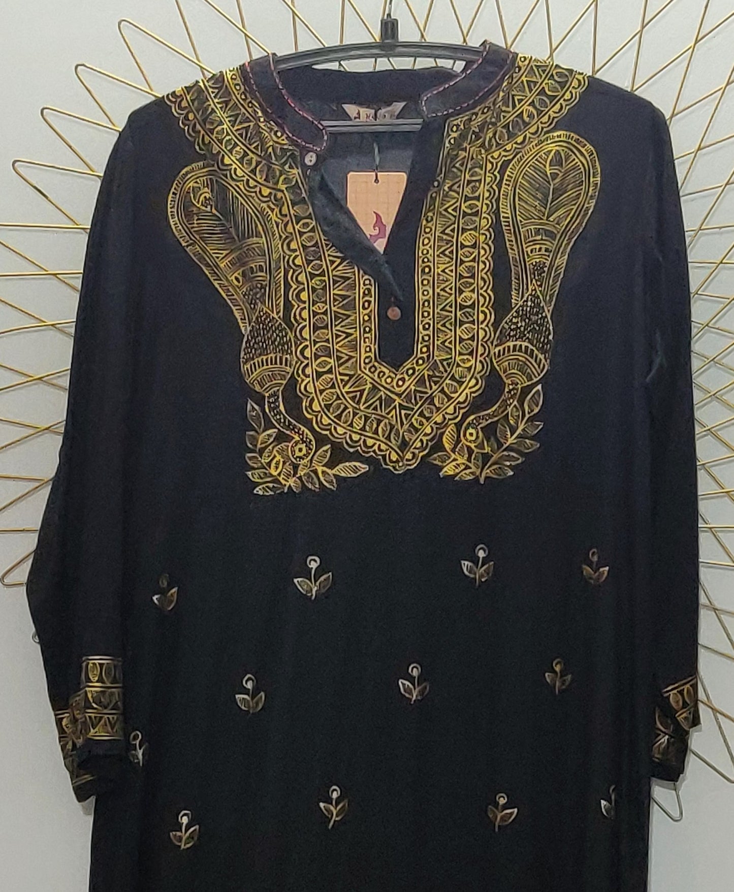 Black cotton kurta with gold handpainted madhubani art designer motifs