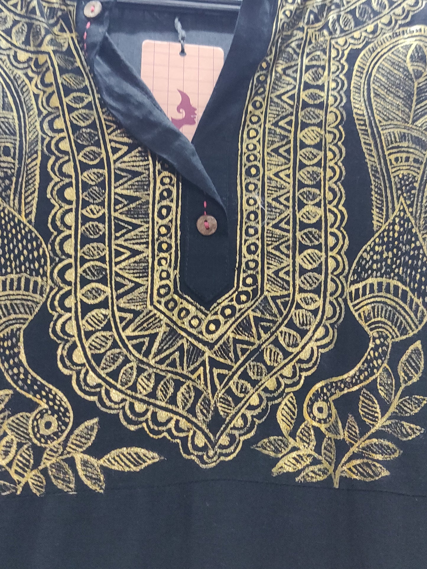 Black cotton kurta with gold handpainted madhubani art designer motifs