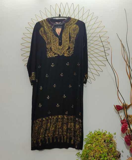 Black cotton kurta with gold handpainted madhubani art designer motifs