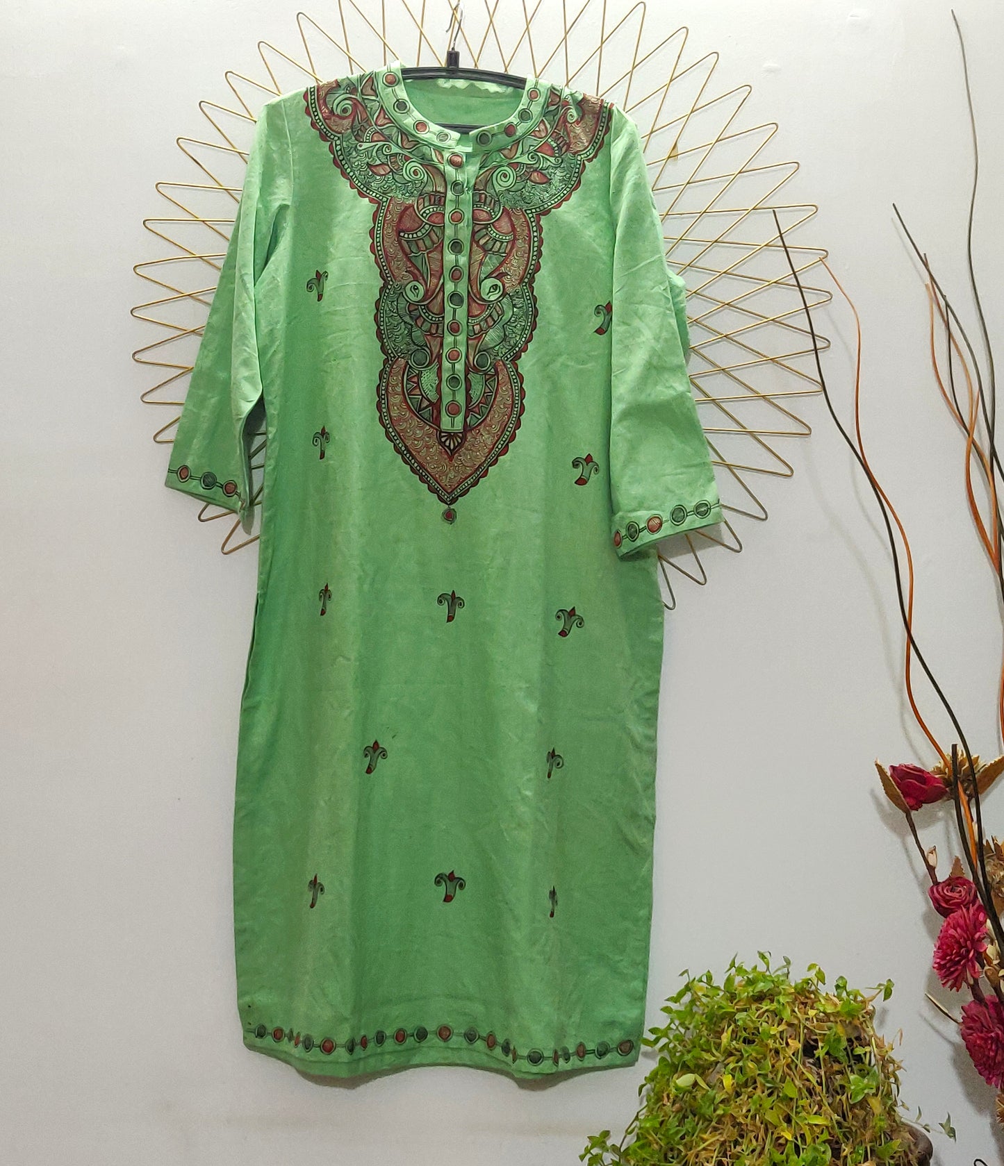 Handpainted green cotton kurta with madhubani peacock and buta motifs