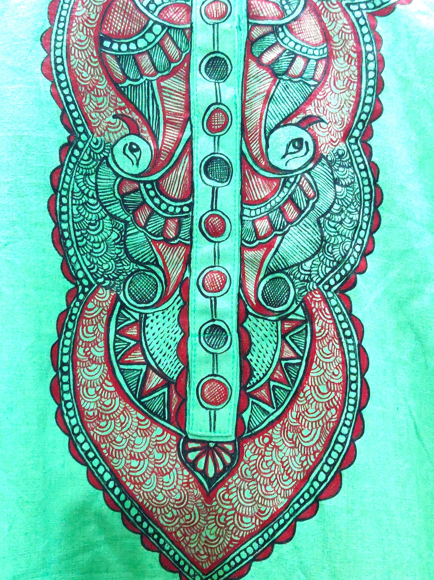 Handpainted green cotton kurta with madhubani peacock and buta motifs