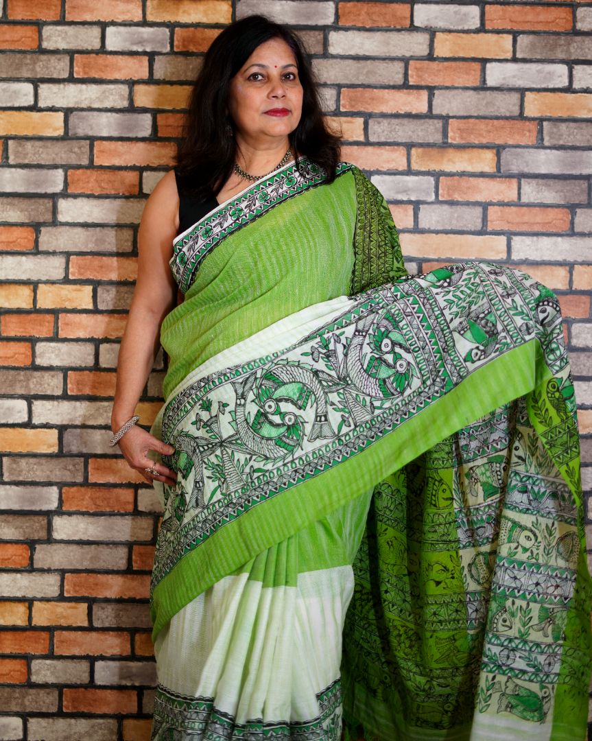 KUDRAT: Handpainted Madhubani Art Green and White Cotton Saree