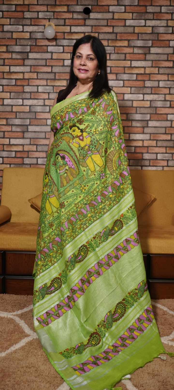 Krishna Katha- Green pure tussar silk saree with all over madhubani art