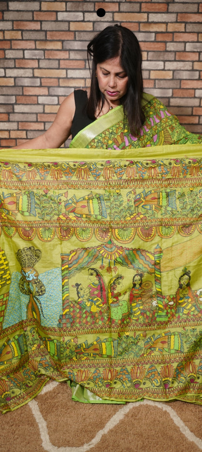 Krishna Katha- Green pure tussar silk saree with all over madhubani art