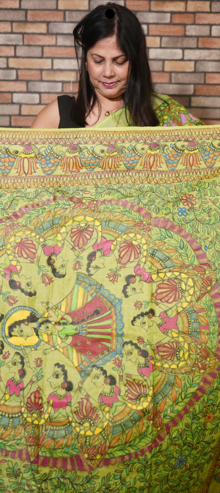 Krishna Katha- Green pure tussar silk saree with all over madhubani art