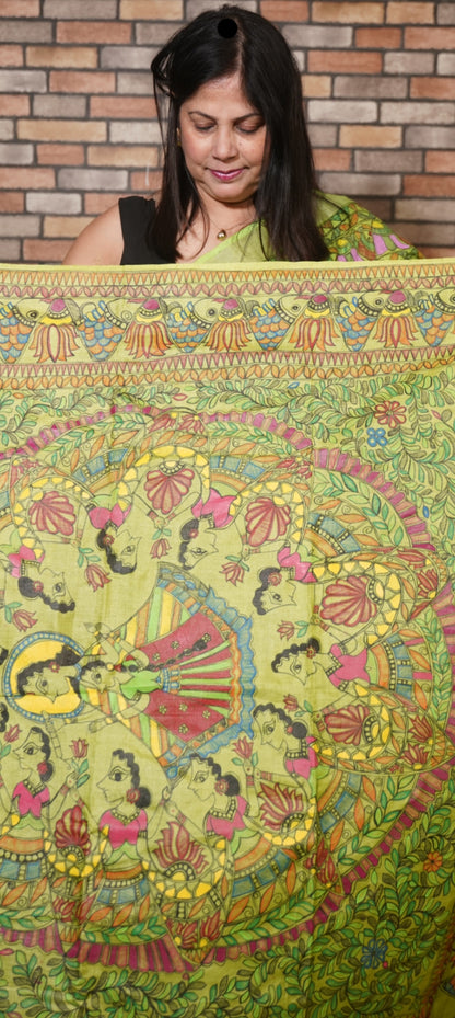 Krishna Katha- Green pure tussar silk saree with all over madhubani art