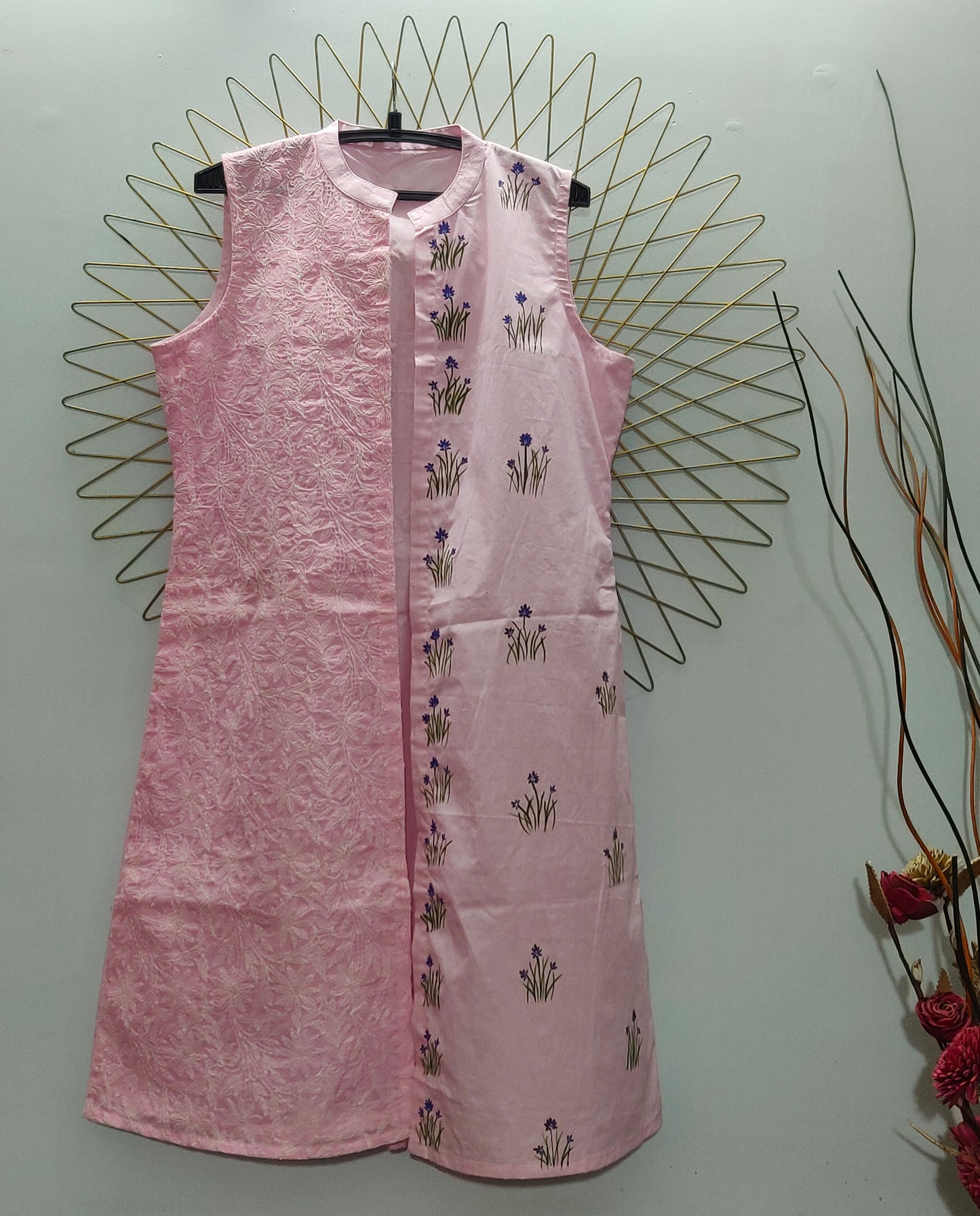 Handpainted baby pink shrug with chikankari fusion