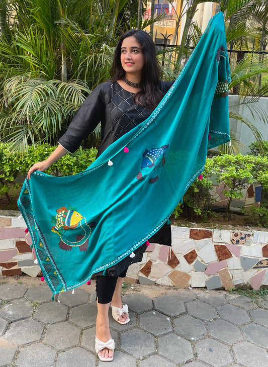 Handpainted madhubani art fish motifs on teal blue cotton stole